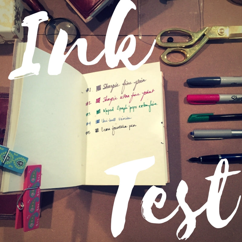 Journal page with ink swatches and pen tests — demonstrating how various inks perform on Soothi’s handcrafted, eco-friendly paper used in their leather journals.