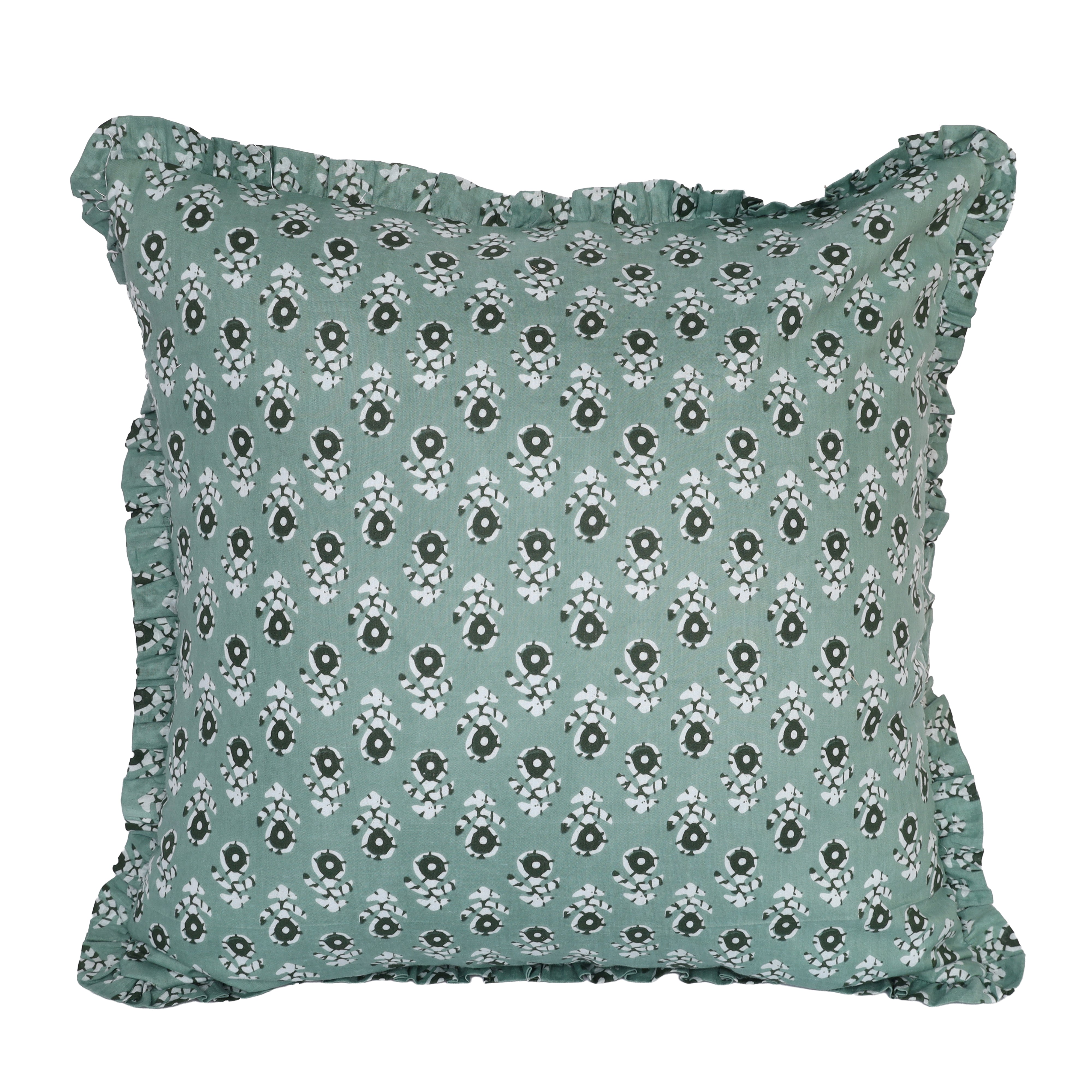 Artisan Block Print Pillow Cover - 20x20 Ruffled Cotton Throw Cushion Case