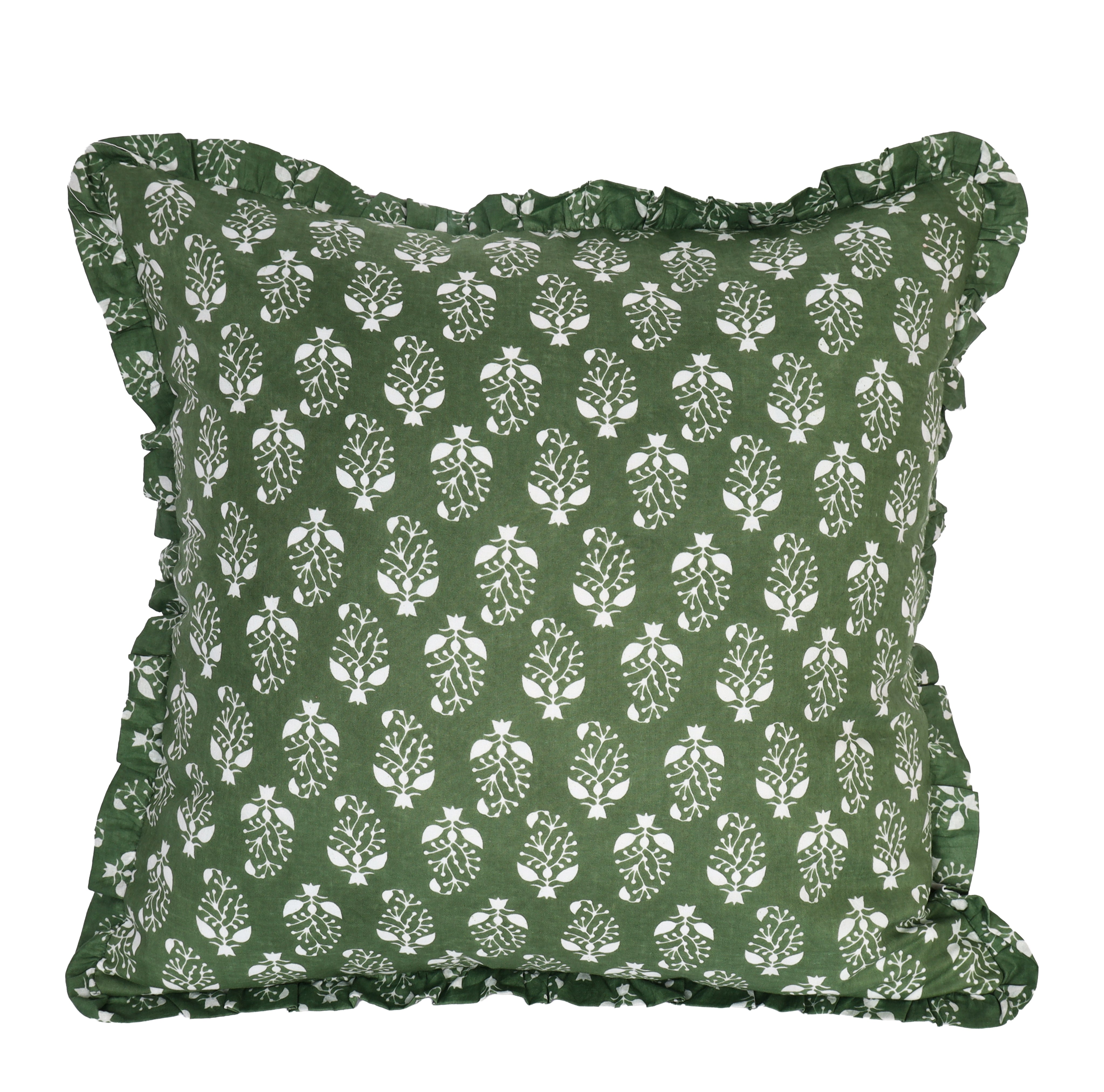Artisan Block Print Pillow Cover - 20x20 Ruffled Cotton Throw Cushion Case