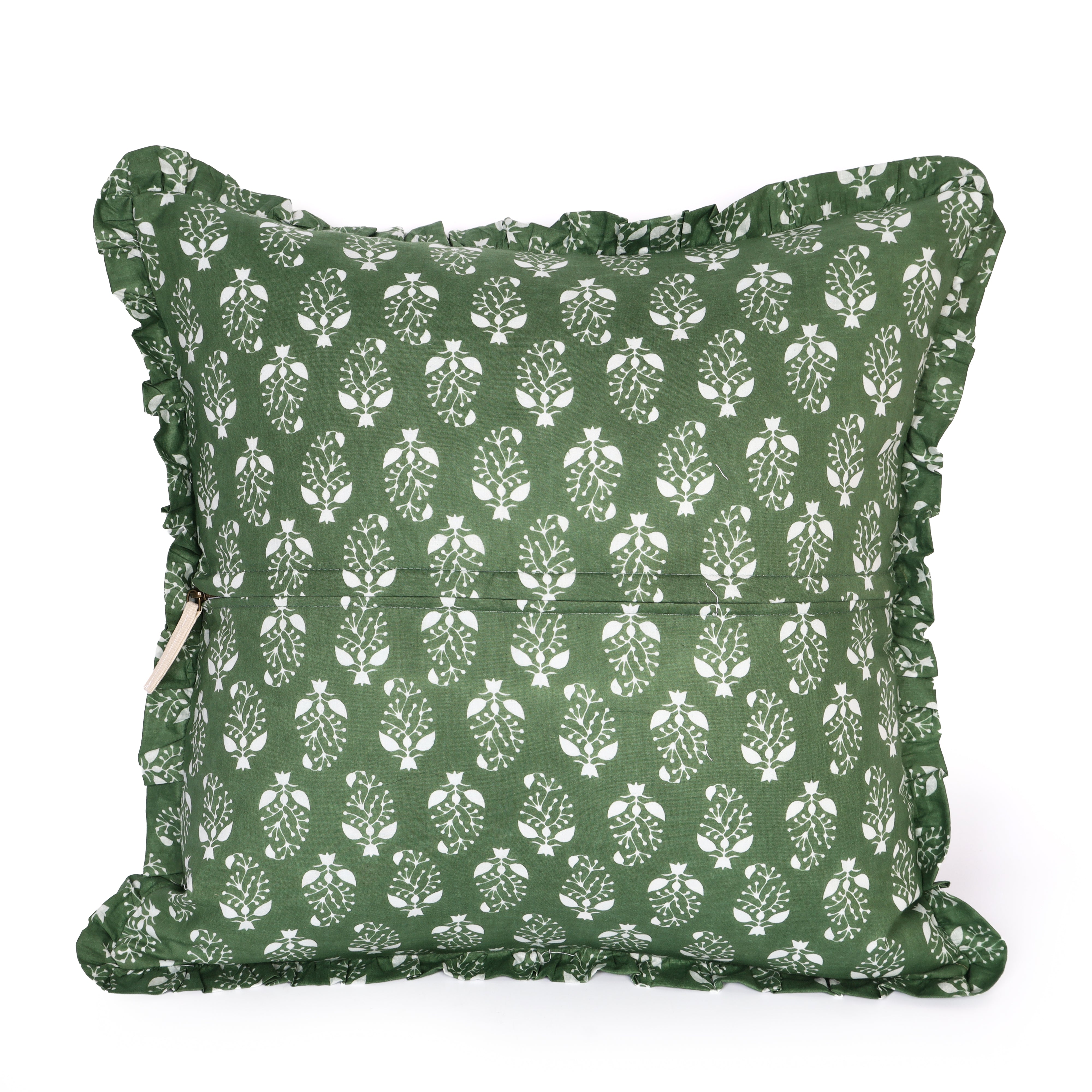Artisan Block Print Pillow Cover - 20x20 Ruffled Cotton Throw Cushion Case