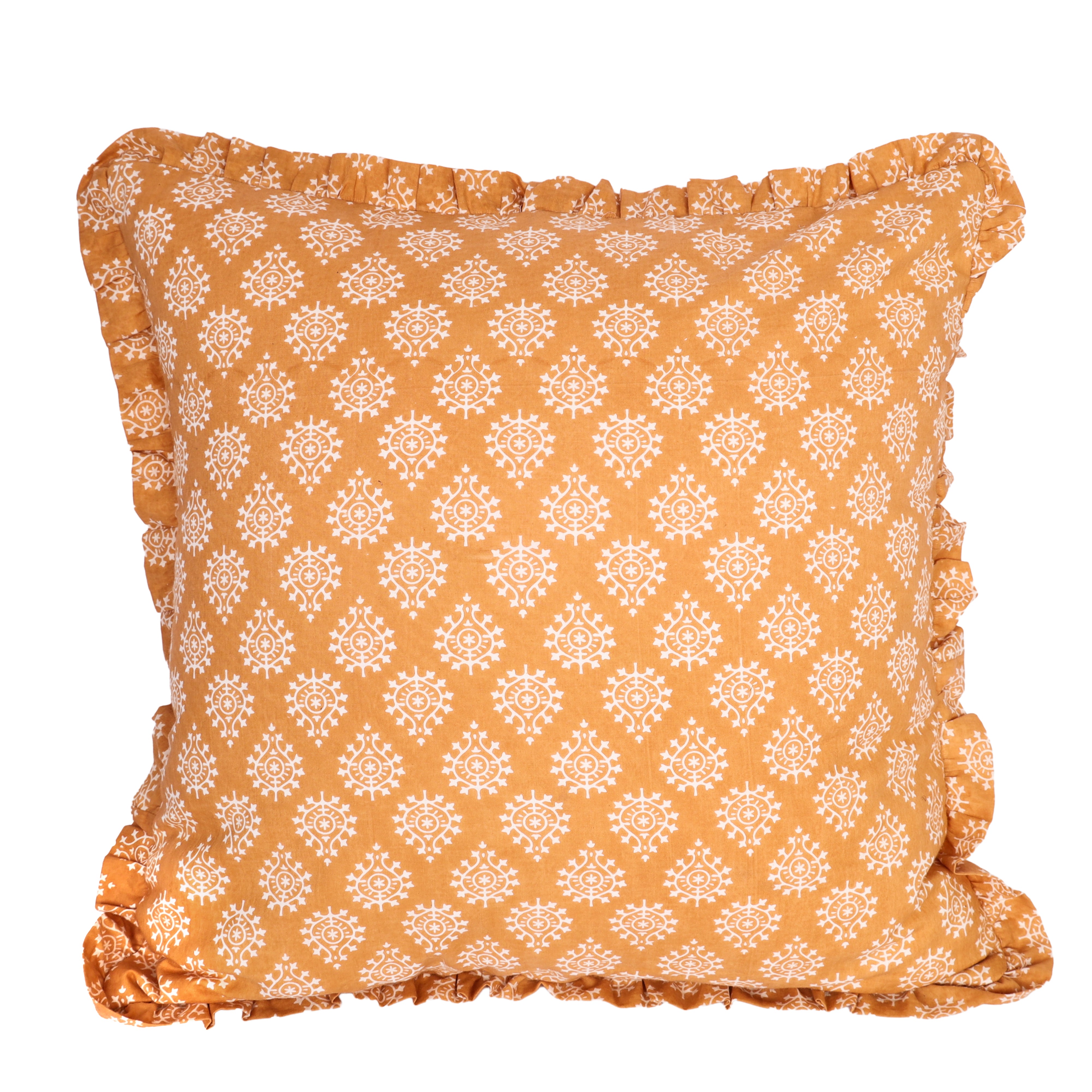 Artisan Block Print Pillow Cover - 20x20 Ruffled Cotton Throw Cushion Case