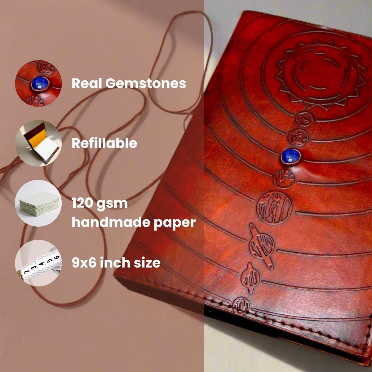 Space-themed leather notebook – embossed with galactic elements and adorned with a blue cobalt stone