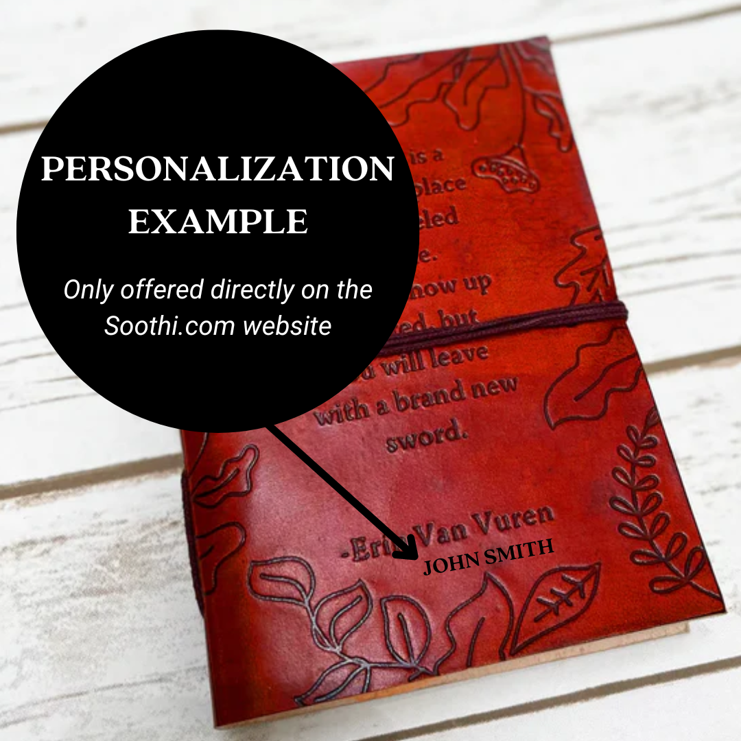 Salvaged leather journal with inspirational quote and leaves embossed in the cover – perfect for gifting to moms, sister, grandma, and girlfriend