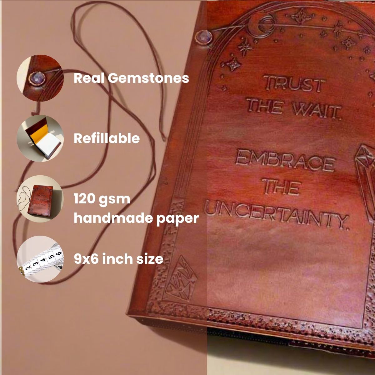 Soothi leather journal with “Trust the Wait. Embrace the Uncertainty.” engraving – a mindful, inspirational notebook for journaling, reflection, and personal growth