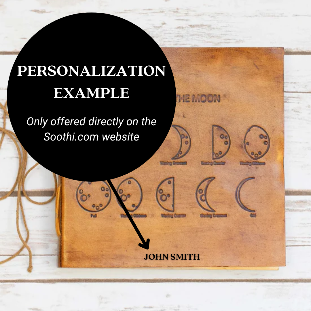 Soothi leather journal embossed with moon phases – celestial-inspired, handcrafted notebook for lunar journaling, intention setting, and spiritual reflection