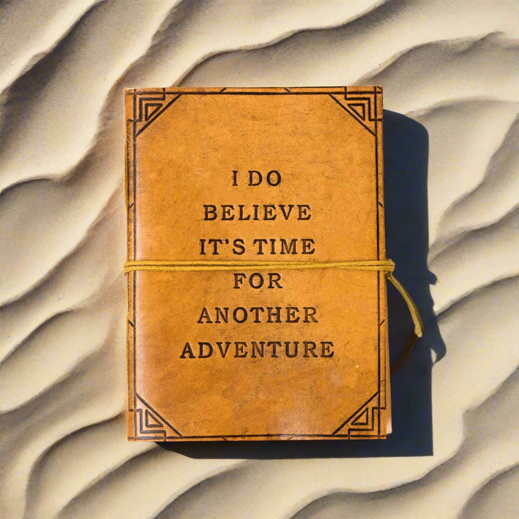 Artisan leather notebook with quote “Another Adventure” – made for explorers, travelers and goal setters