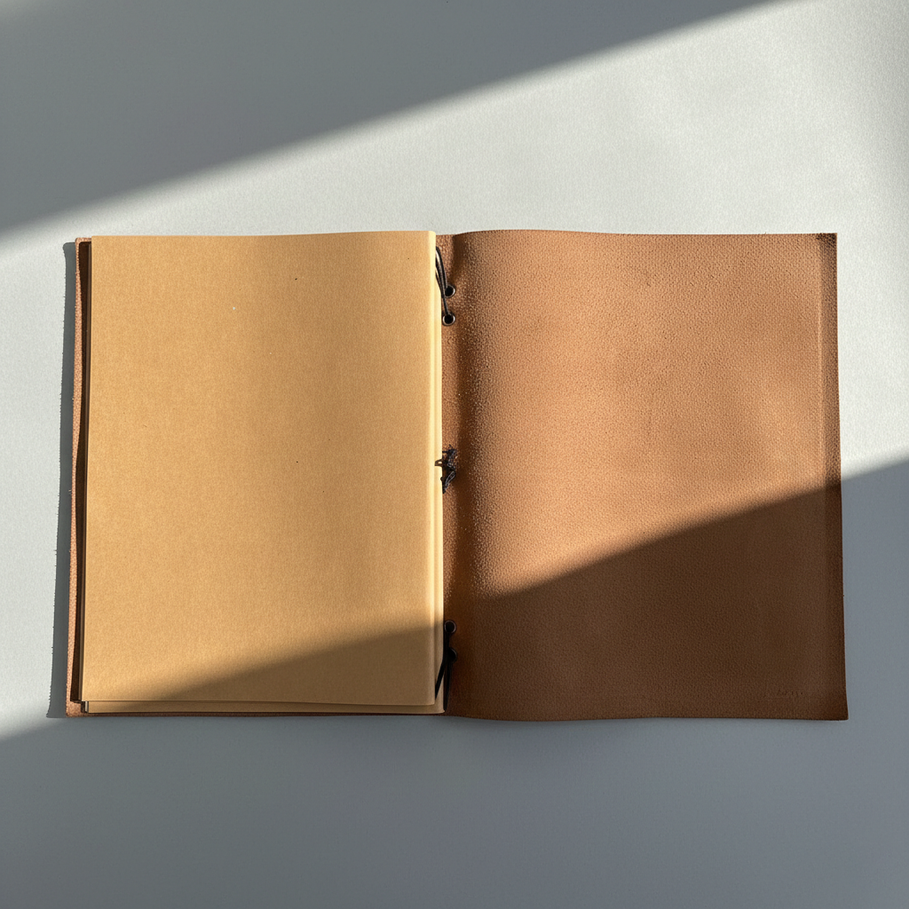 Antique gold grommet and elastic strand detail on leather folio