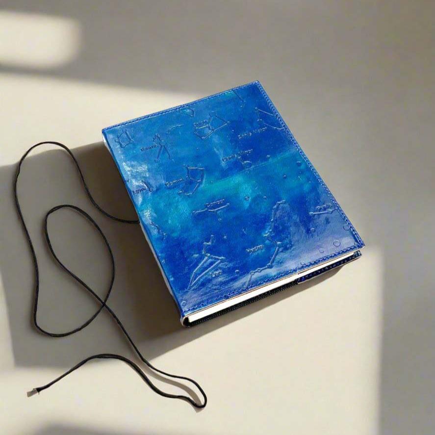 Embossed constellation leather journal in color blue – perfect for astrology lovers, writers, and deep thinkers