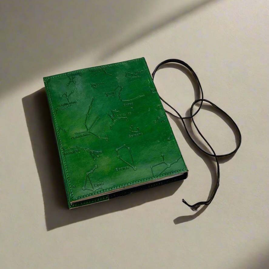 Embossed constellation leather journal in color green – perfect for astrology lovers, writers, and deep thinkers
