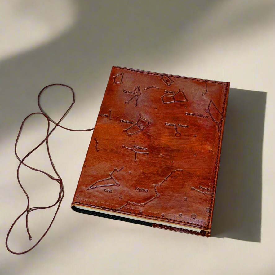 Embossed constellation leather journal in color brown – perfect for astrology lovers, writers, and deep thinkers