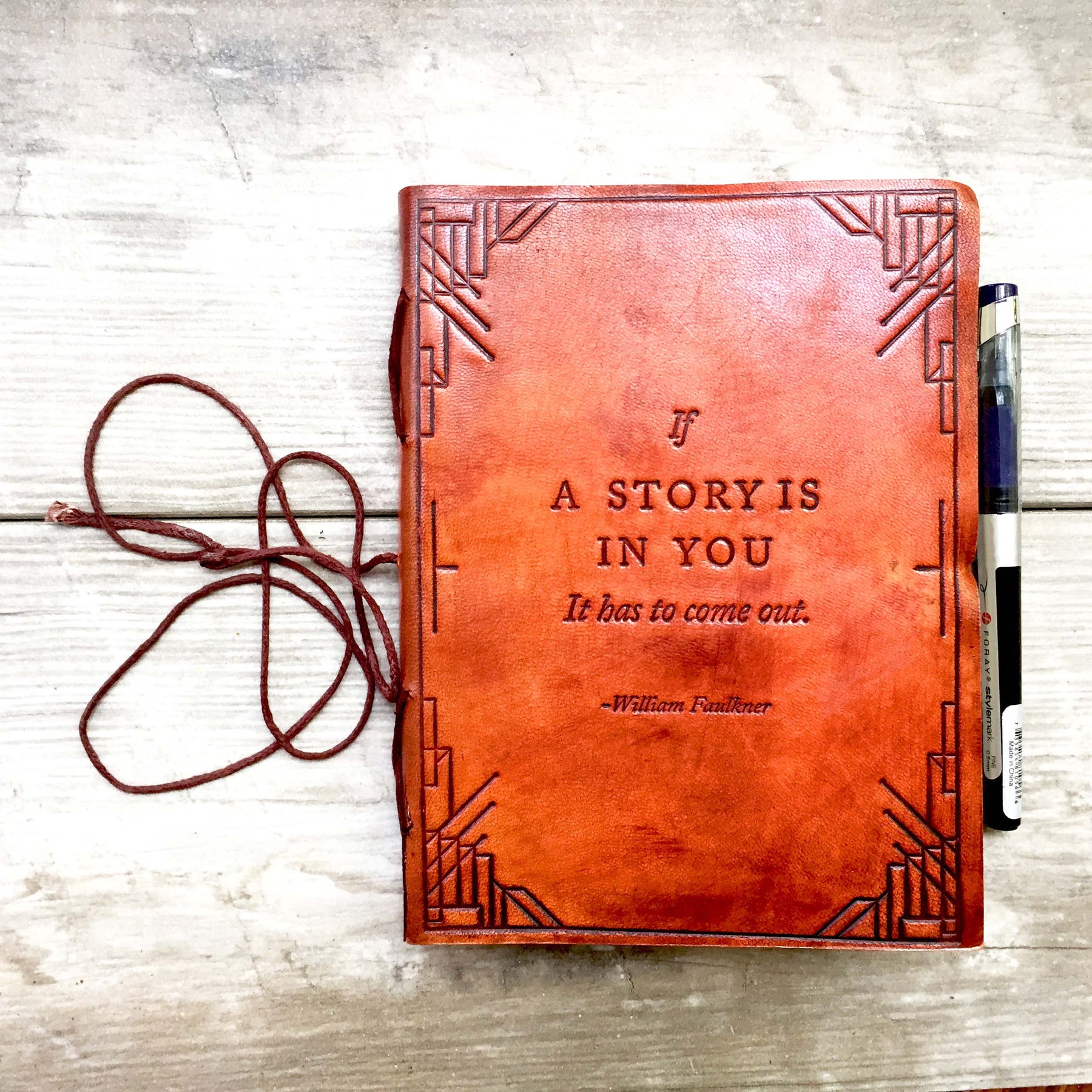 "If A Story" Handmade Leather Journal with poetic quote pressed into the cover – a quiet companion for twilight thoughts