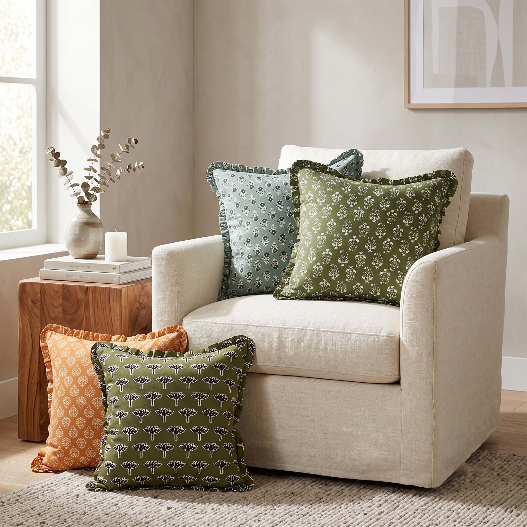 Hand-block-printed pillows styled on armchair in living room