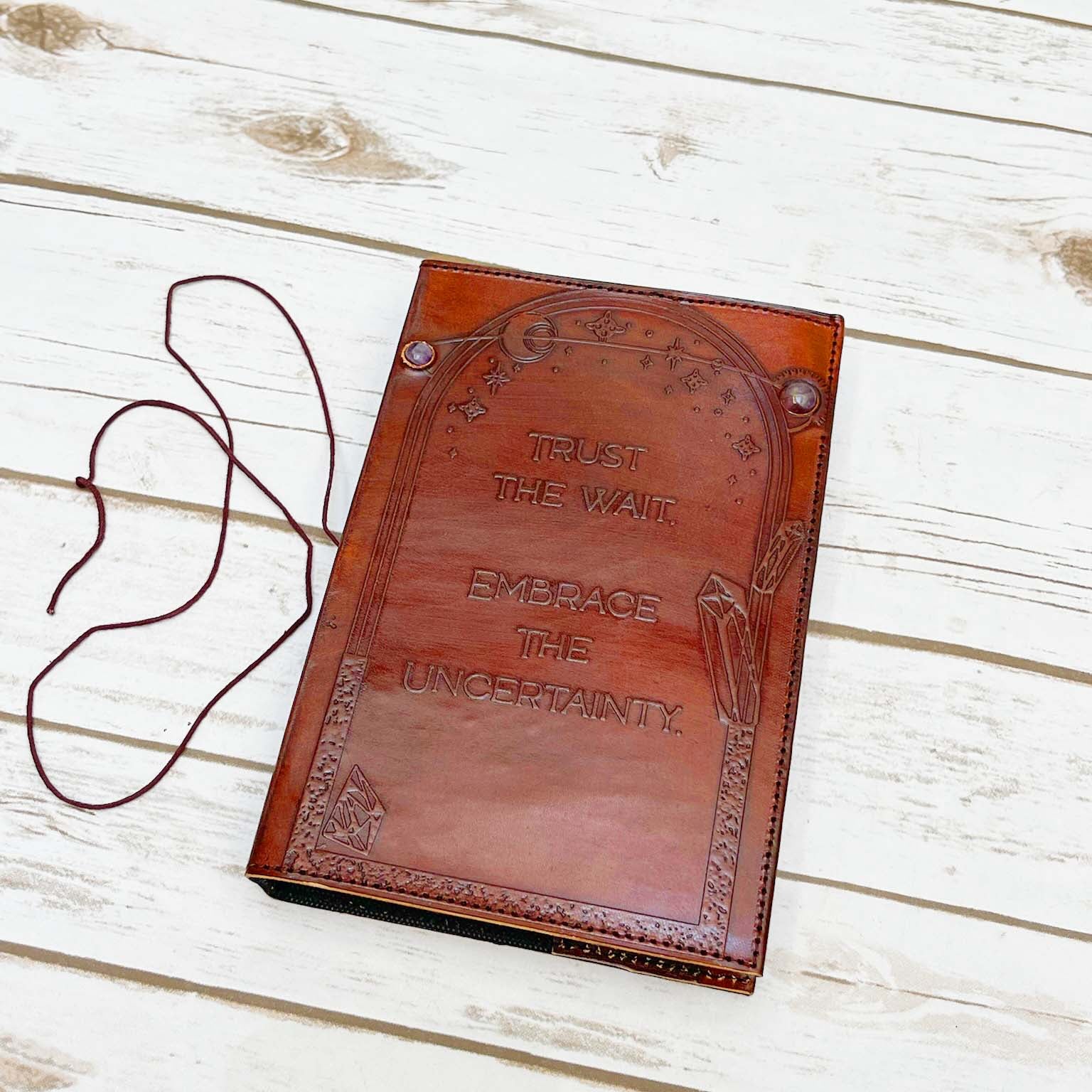 Soothi leather journal with “Trust the Wait. Embrace the Uncertainty.” engraving – a mindful, inspirational notebook for journaling, reflection, and personal growth
