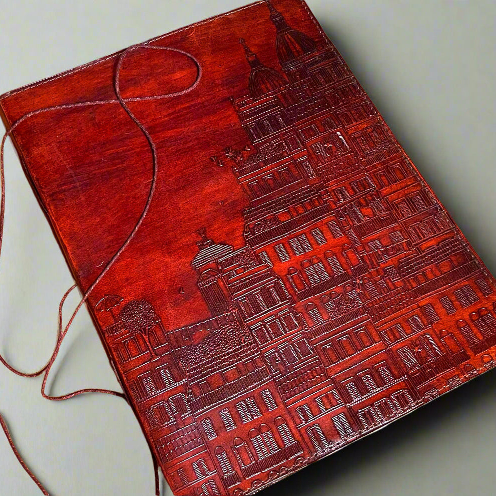 Leather journal embossed with European architecture – handcrafted notebook featuring charming cityscape details, perfect for travel notes, sketching, and journaling