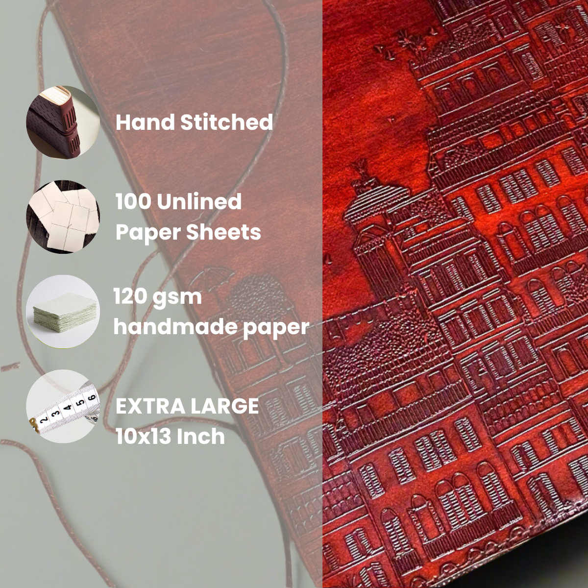 Embossed rooftops and domes on repurposed leather journal cover