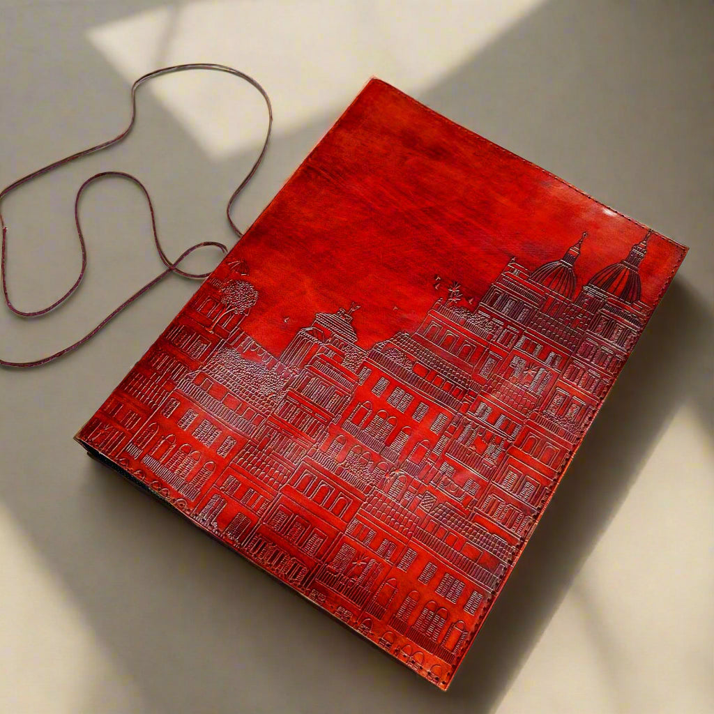 Leather journal embossed with European architecture – handcrafted notebook featuring charming cityscape details, perfect for travel notes, sketching, and journaling