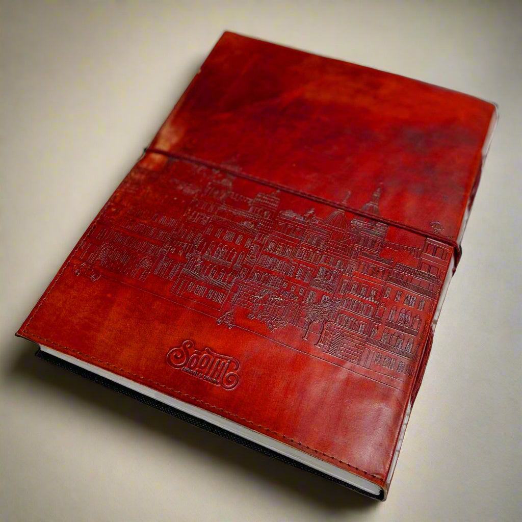 Leather journal embossed with European architecture – handcrafted notebook featuring charming cityscape details, perfect for travel notes, sketching, and journaling