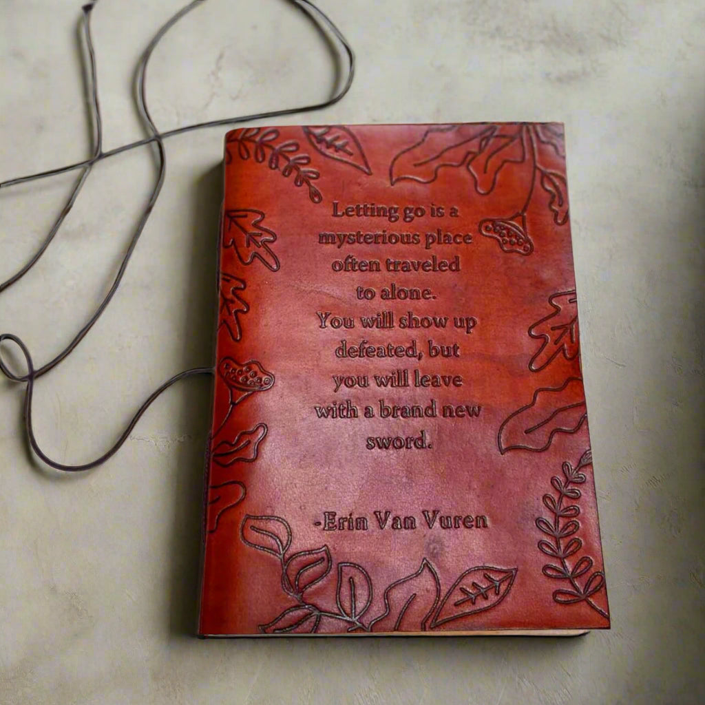 Salvaged leather journal with inspirational quote and leaves embossed in the cover – perfect for gifting to moms, sister, grandma, and girlfriend