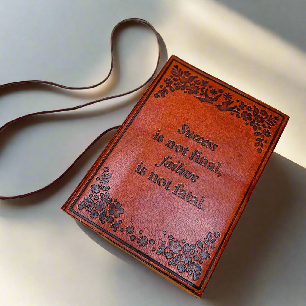 Rustic leather journal embossed with words of wisdom – perfect for sketches, journaling, or mindful writing