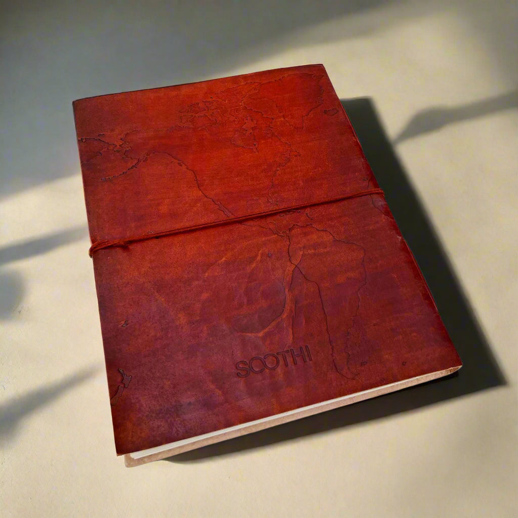 Vintage-style world map in extra large leather journal – ideal gift for travelers, writers, and geography lovers