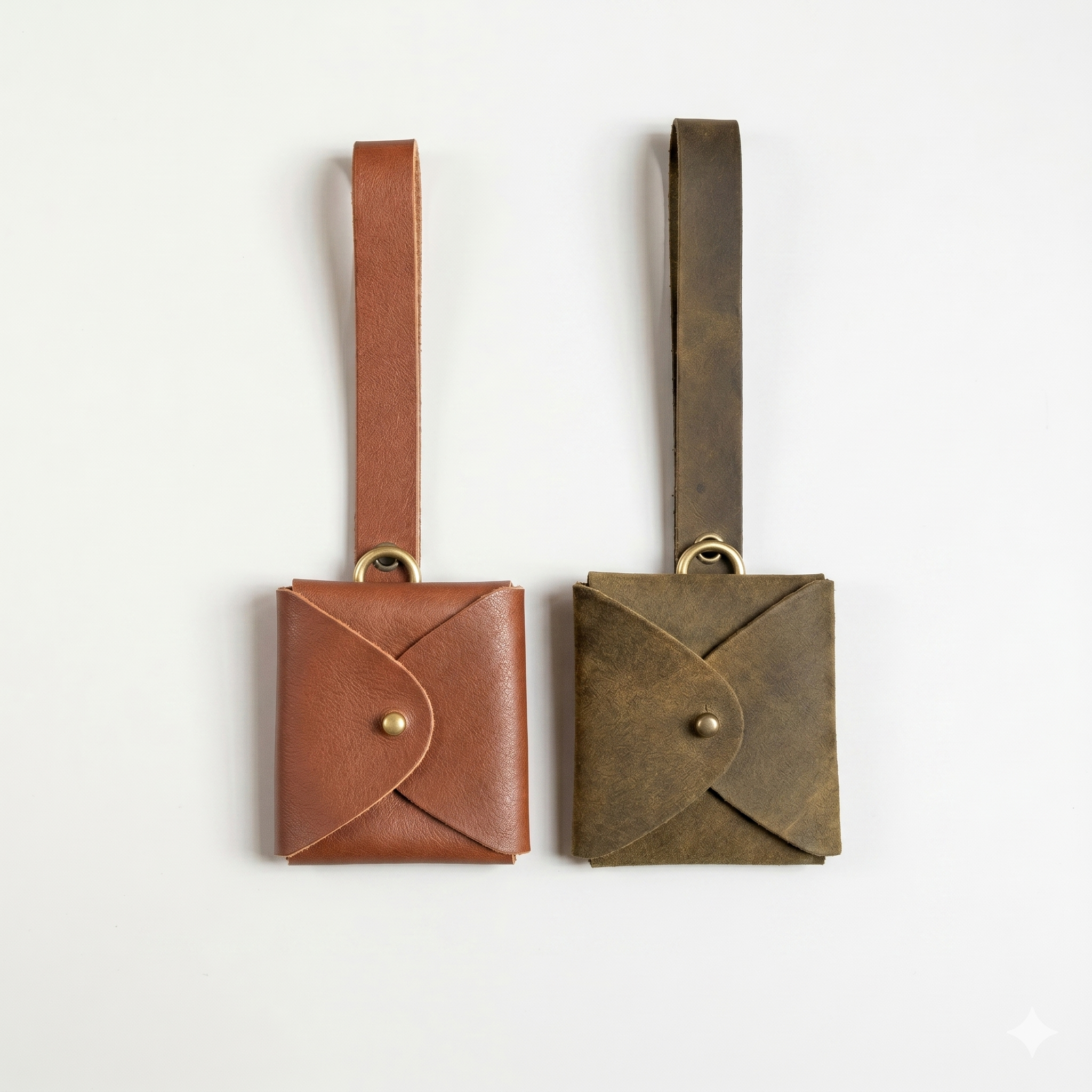 Two Soothi leather AirPod pouches with wrist straps in brown and olive