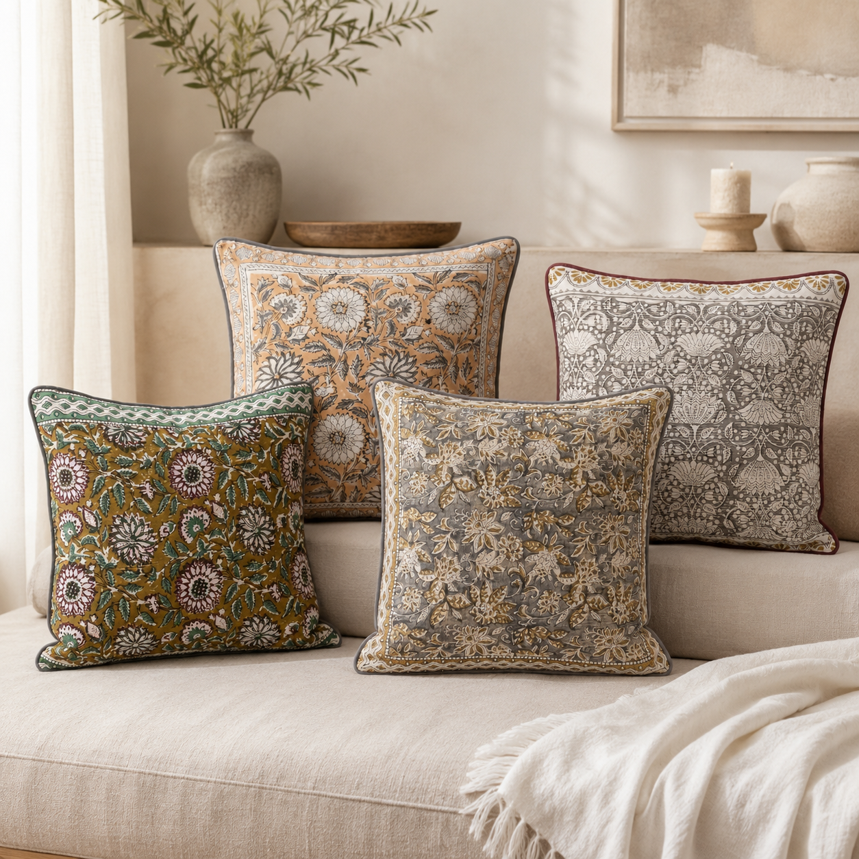 Artisan decorative accent pillow cover featuring block print patterns on a home office desk chair.