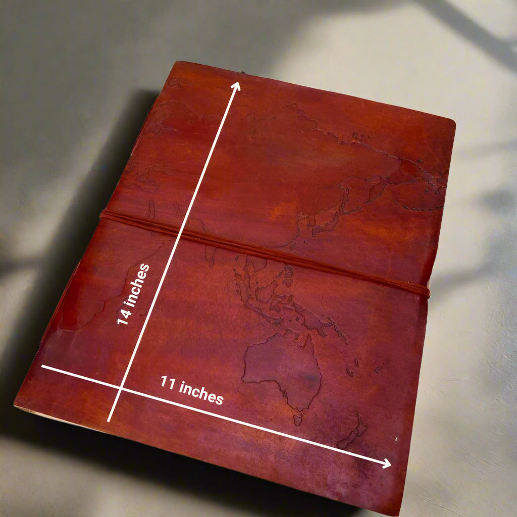 Vintage-style world map in extra large leather journal – ideal gift for travelers, writers, and geography lovers