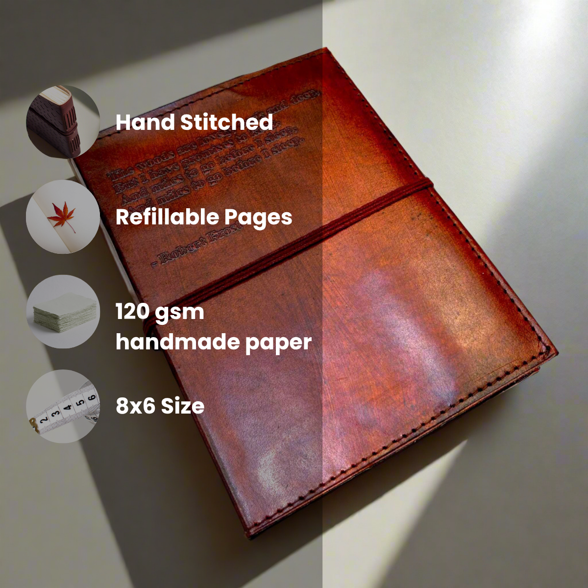 Robert Frost Refillable Leather Journal - "The Woods Are Lovely" Quote
