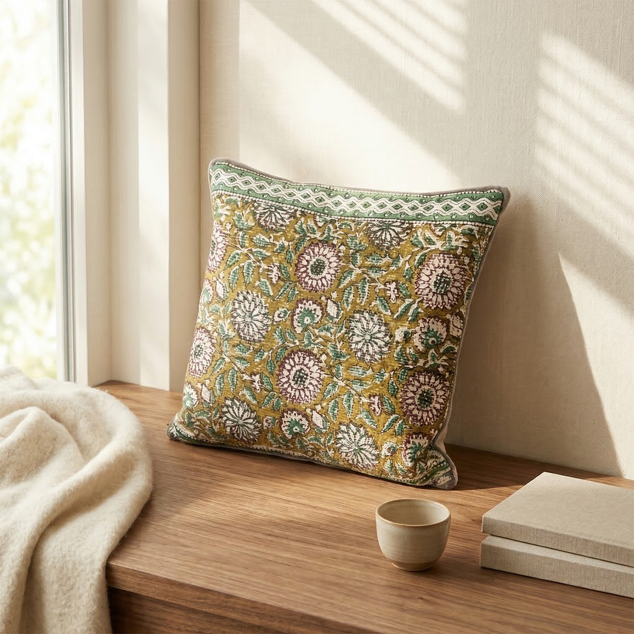 Decorative pillow with floral pattern on a wooden surface near a window