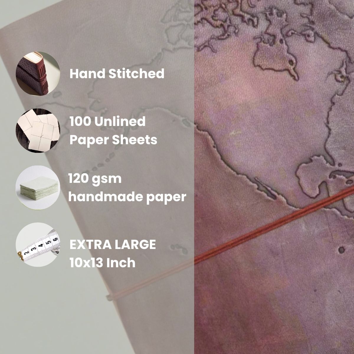 Vintage-style world map in extra large leather journal – ideal gift for travelers, writers, and geography lovers