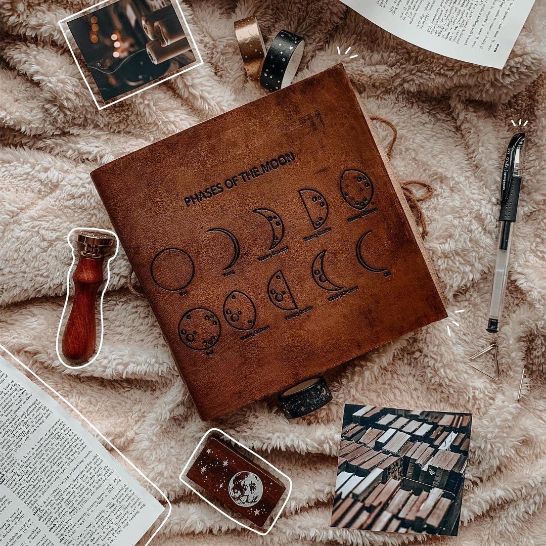 Soothi leather journal embossed with moon phases – celestial-inspired, handcrafted notebook for lunar journaling, intention setting, and spiritual reflection