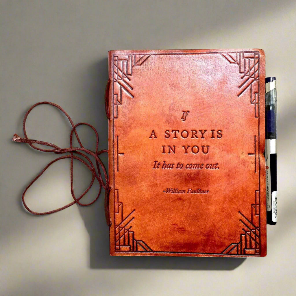 If A Story embossed leather journal, front cover