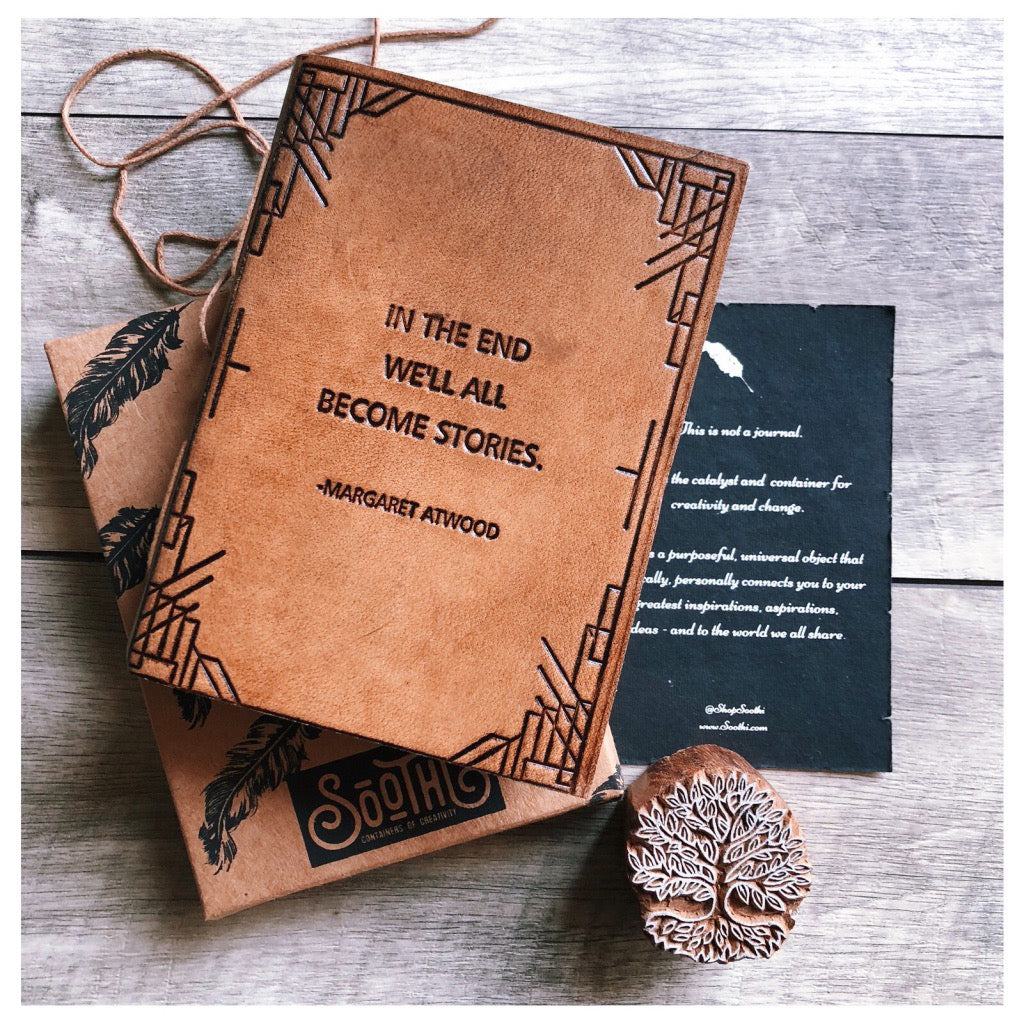 Rustic leather diary with embossed quote “We all become stories” – perfect for dreamers and creatives