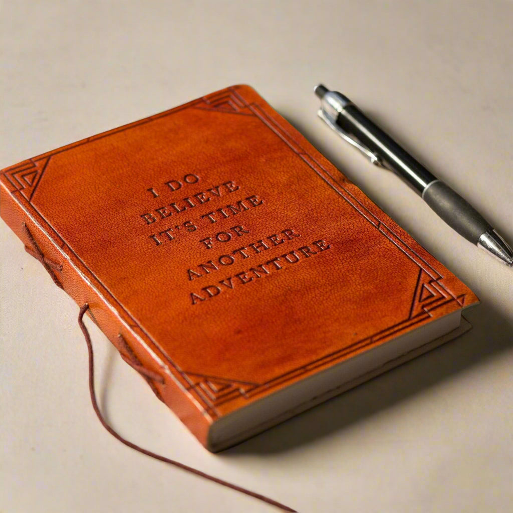 Artisan leather notebook with quote “Another Adventure” – made for explorers, travelers and goal setters