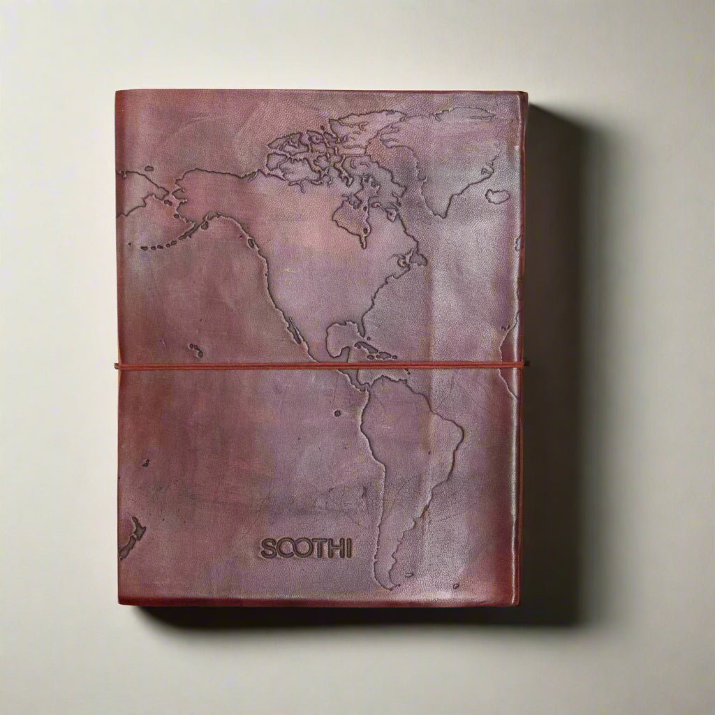 Vintage-style world map in extra large leather journal – ideal gift for travelers, writers, and geography lovers