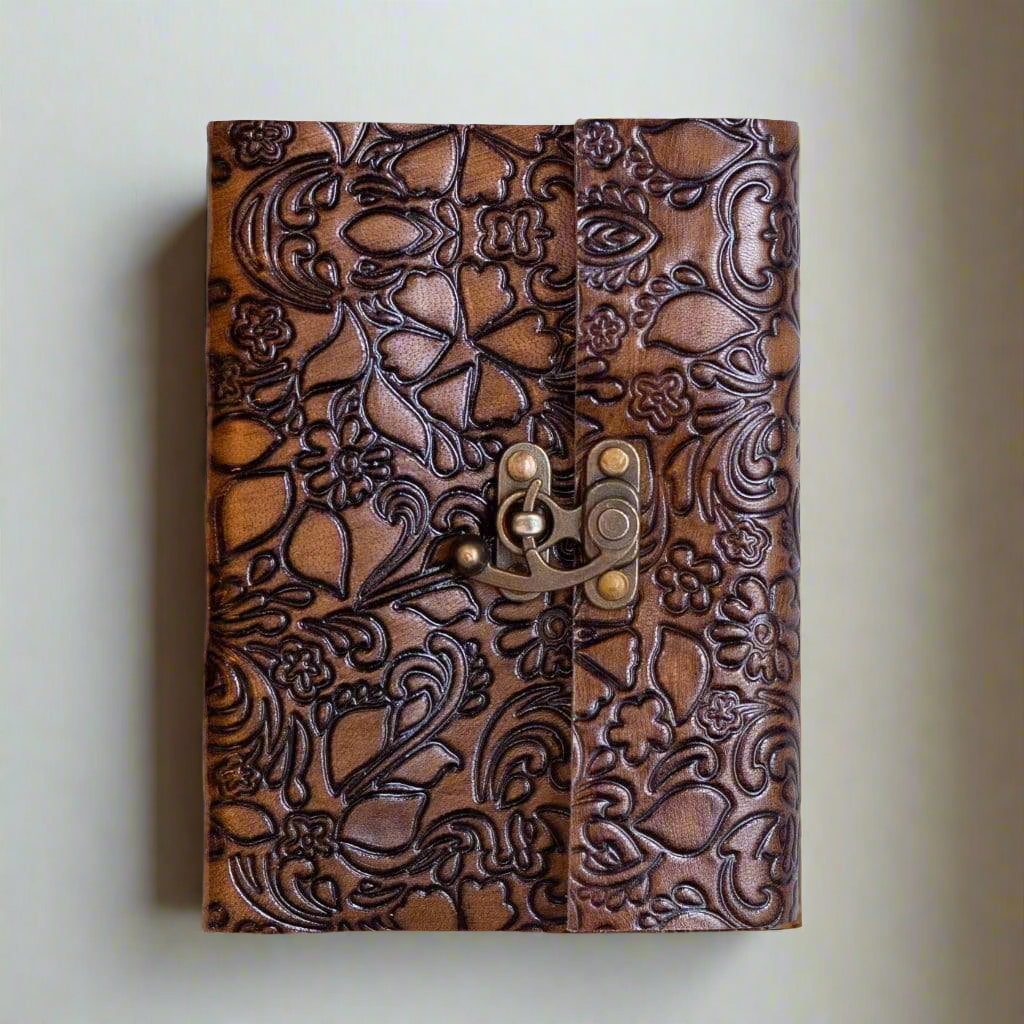 Rustic floral leather journal with latch – beautifully detailed cover for poetry, notes, and daily reflections