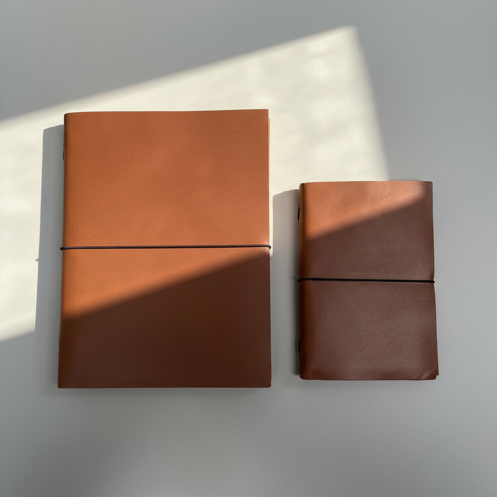 Artisan leather folio open completely flat with khadi paper notebooks