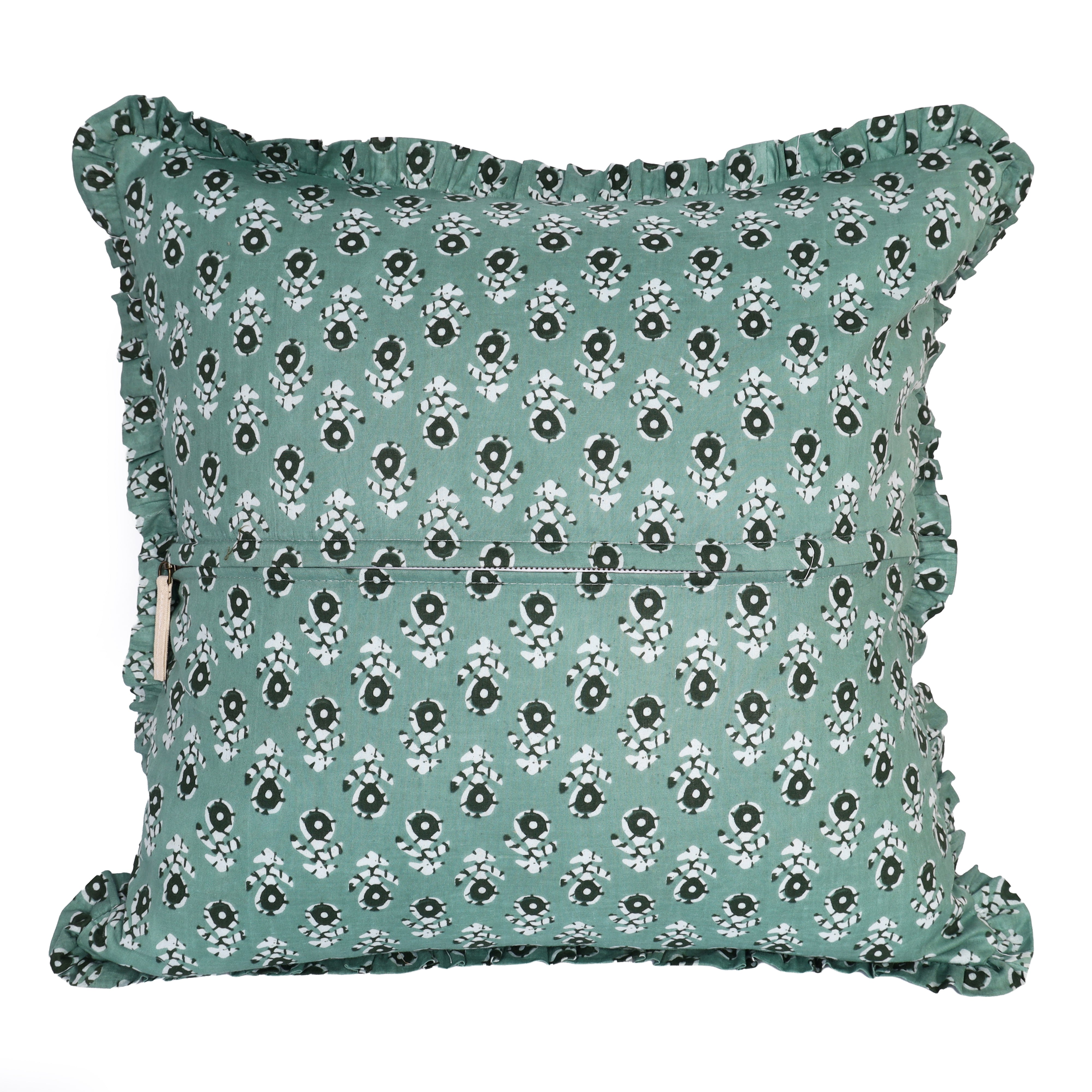 Artisan Block Print Pillow Cover - 20x20 Ruffled Cotton Throw Cushion Case