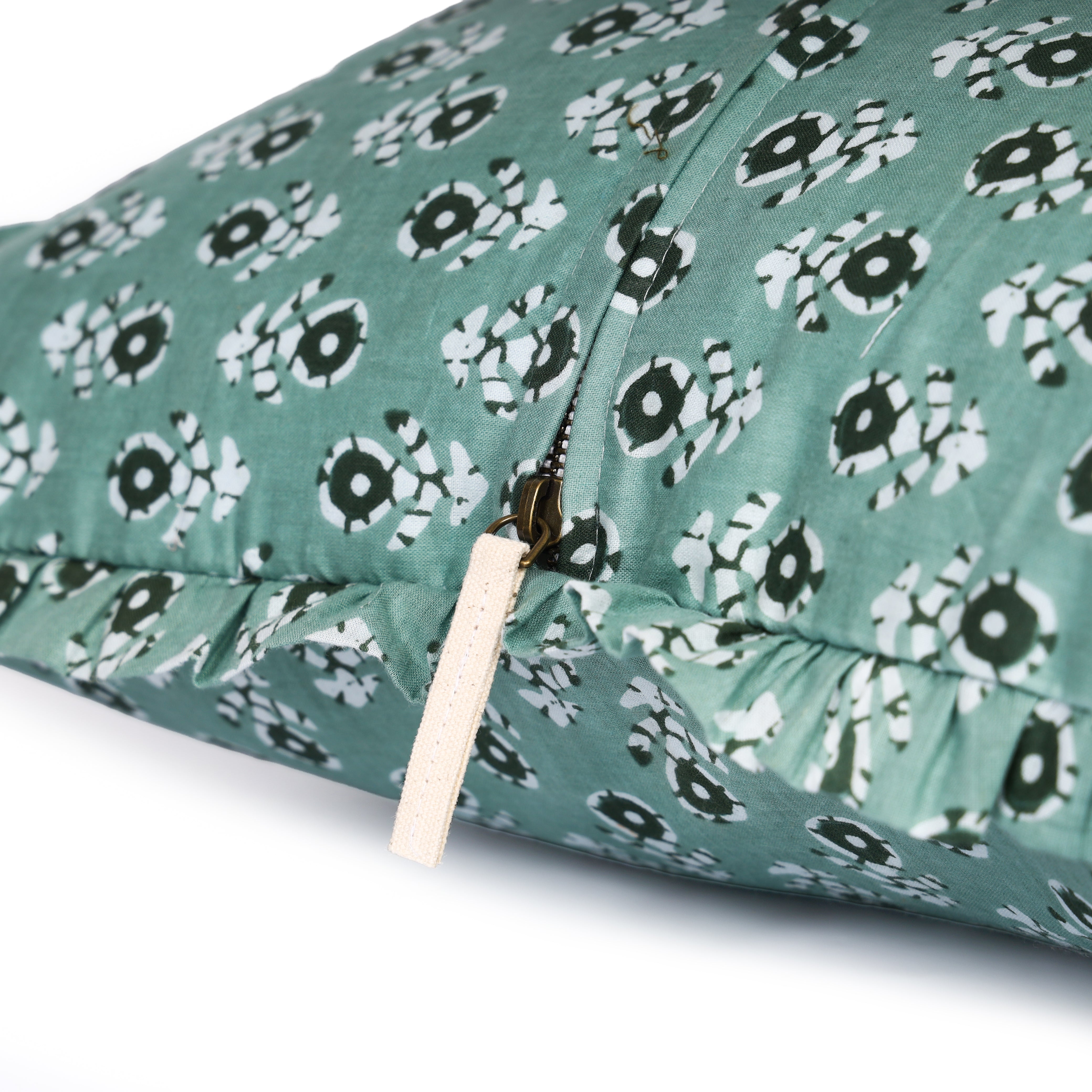 Artisan Block Print Pillow Cover - 20x20 Ruffled Cotton Throw Cushion Case