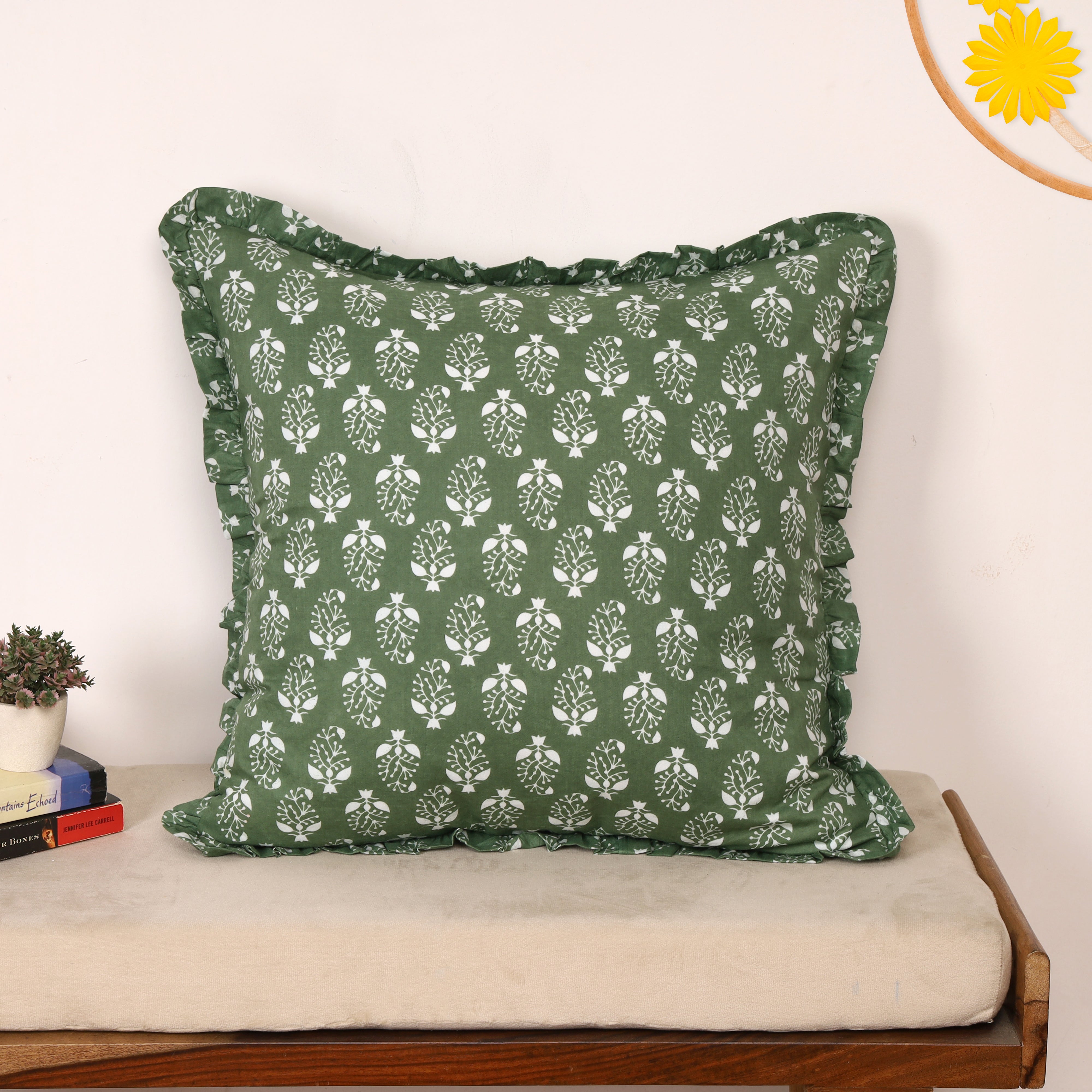 Artisan Block Print Pillow Cover - 20x20 Ruffled Cotton Throw Cushion Case