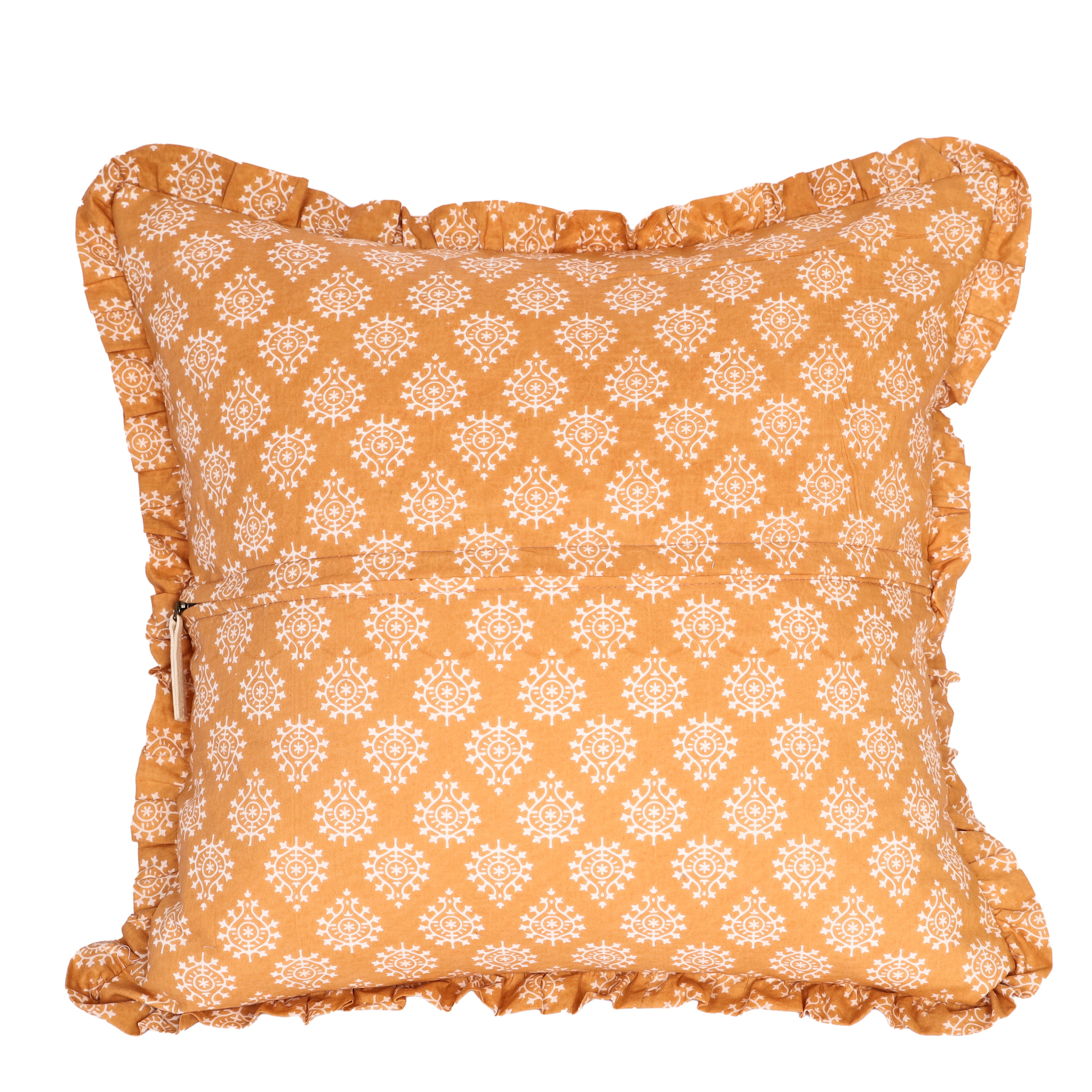 Artisan Block Print Pillow Cover - 20x20 Ruffled Cotton Throw Cushion Case