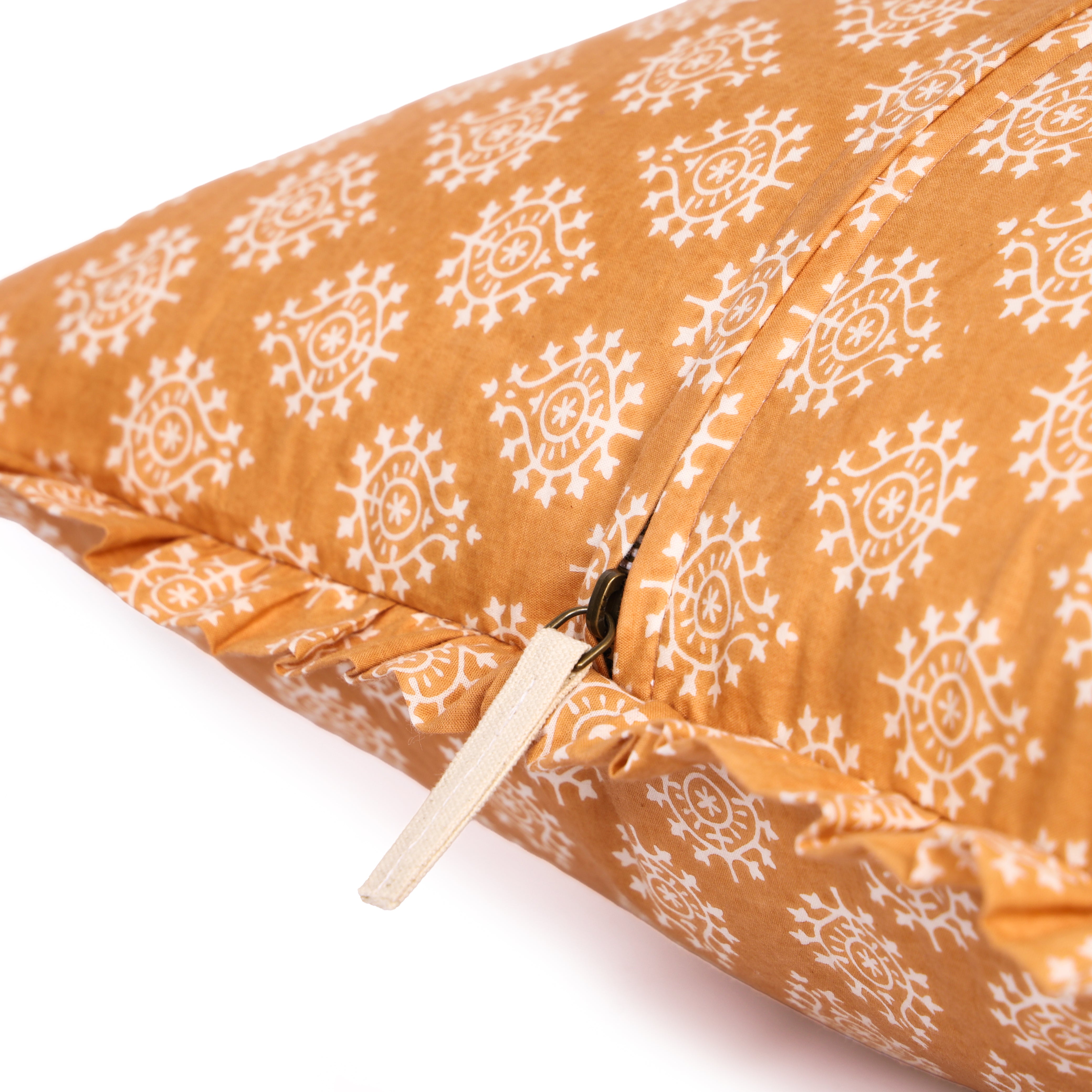 Artisan Block Print Pillow Cover - 20x20 Ruffled Cotton Throw Cushion Case