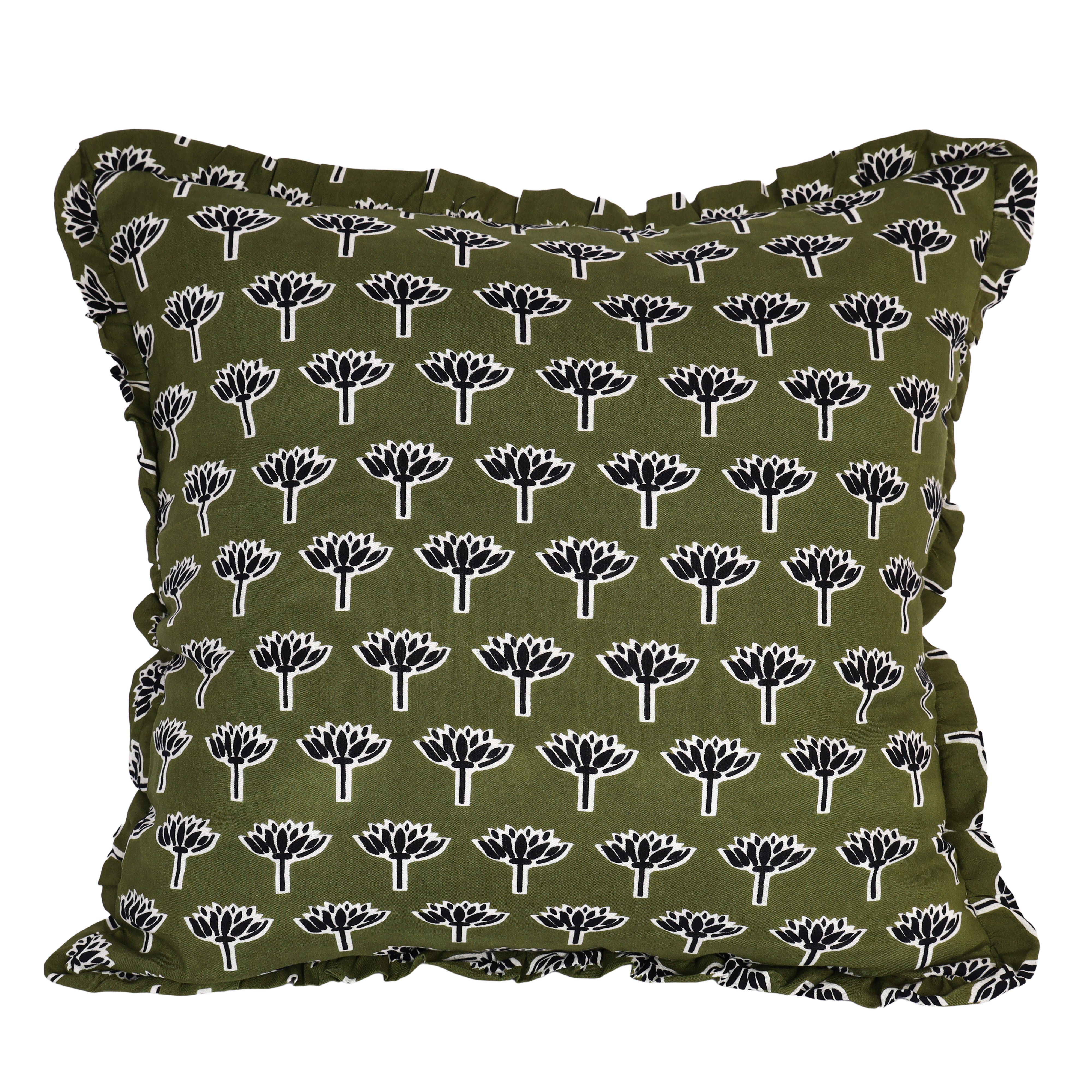 Artisan Block Print Pillow Cover - 20x20 Ruffled Cotton Throw Cushion Case