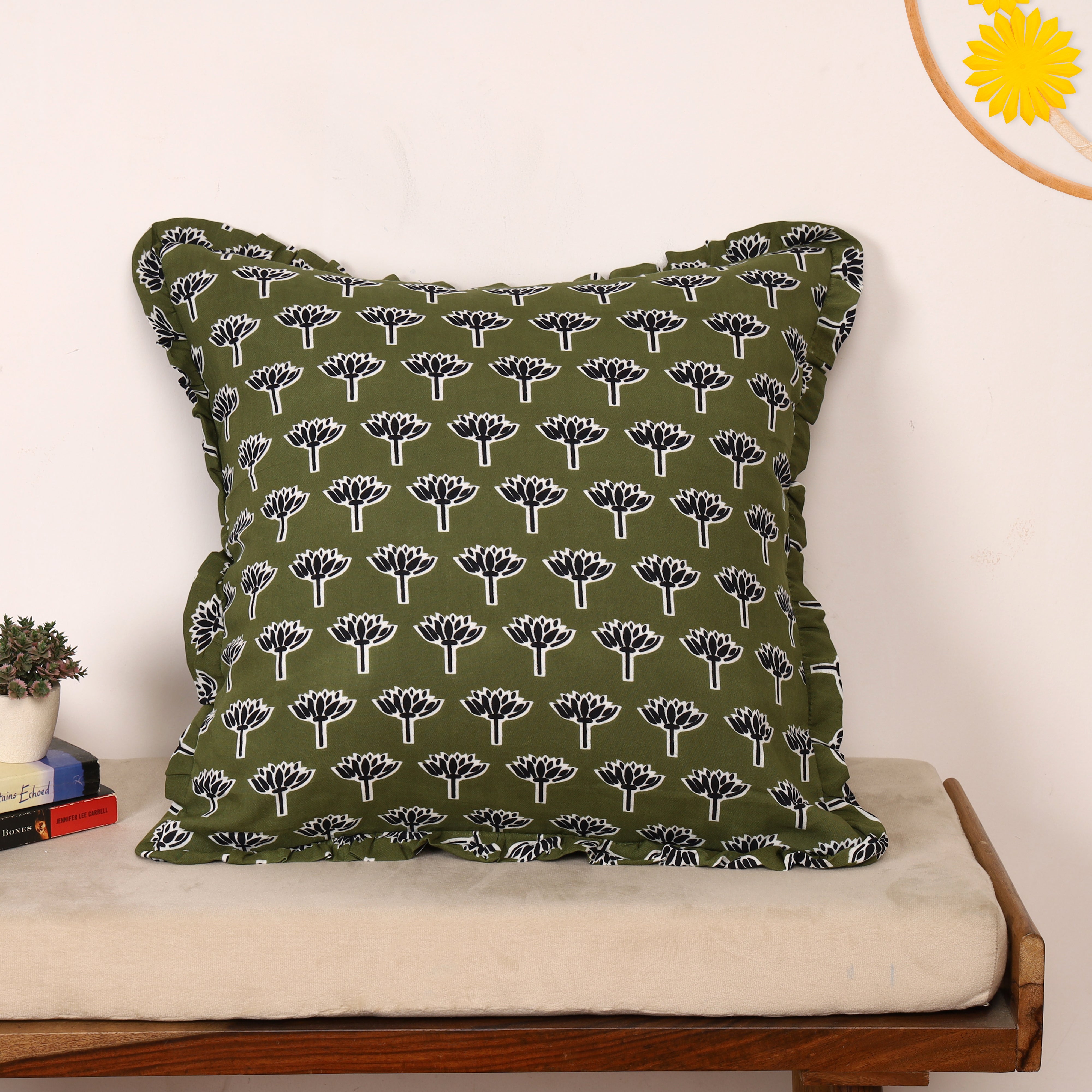 Artisan Block Print Pillow Cover - 20x20 Ruffled Cotton Throw Cushion Case