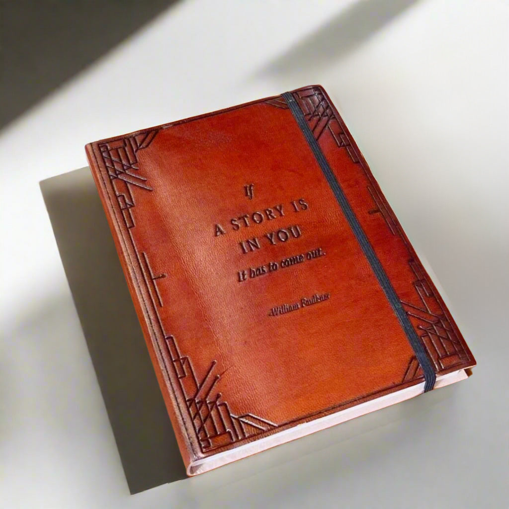 "If A Story" Handmade Leather Journal with poetic quote pressed into the cover – a quiet companion for twilight thoughts
