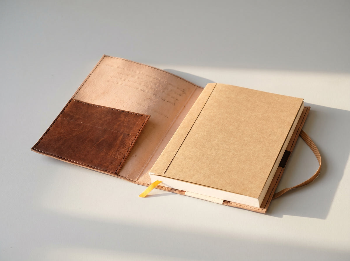 A tan kraft-paper-covered notebook with a matching leather cover, shown open on a light gray surface. The cover features a brown leather pocket and a small yellow ribbon bookmark.