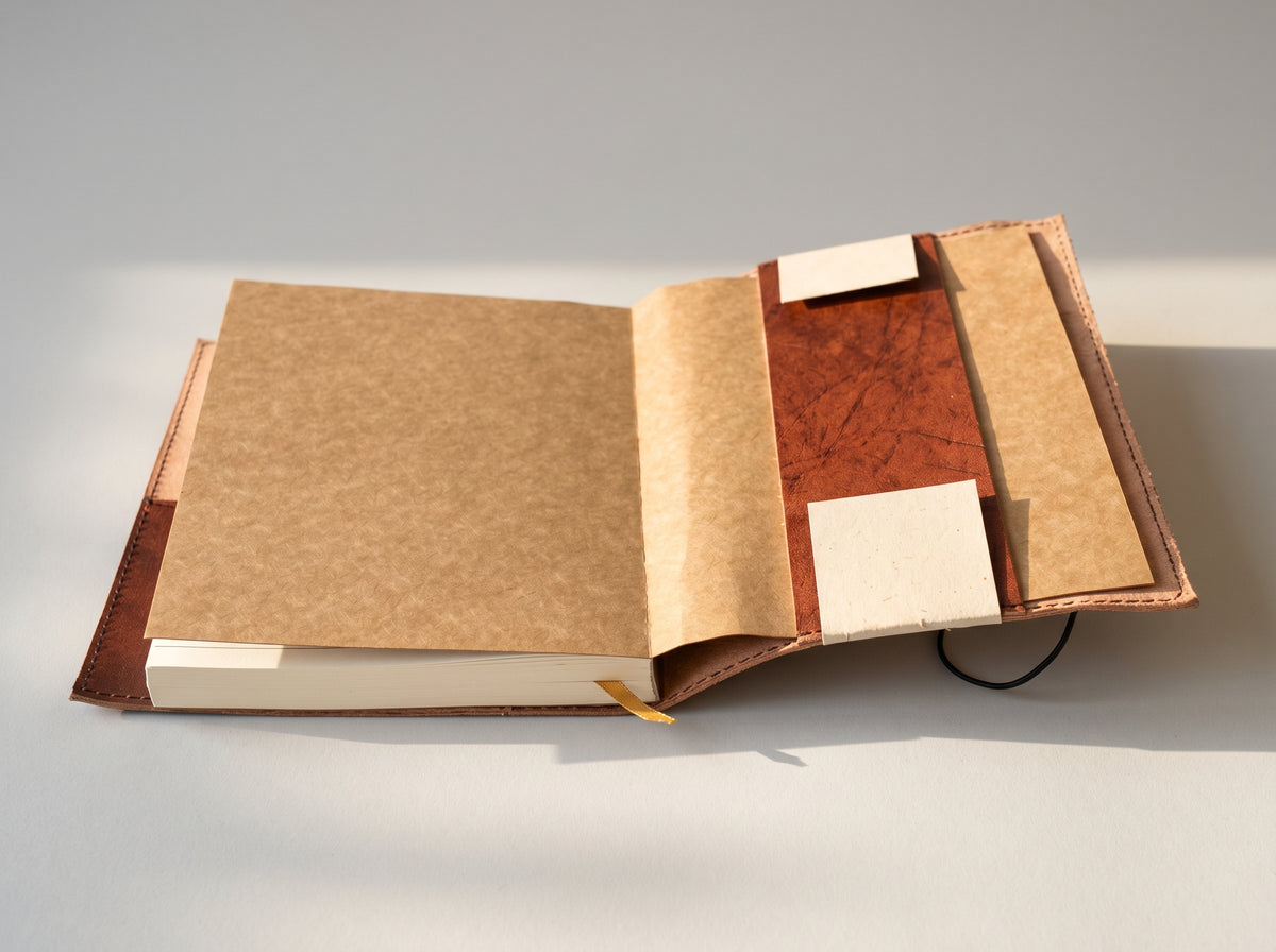 An open handmade leather-bound book or journal with tan paper pages, a reddish-brown marbled interior pocket, and cream tabs, photographed on a light gray surface with soft shadows.
