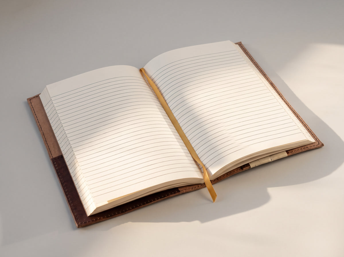 An open lined notebook with a brown leather cover and a gold ribbon bookmark, photographed on a light gray surface with soft shadows.