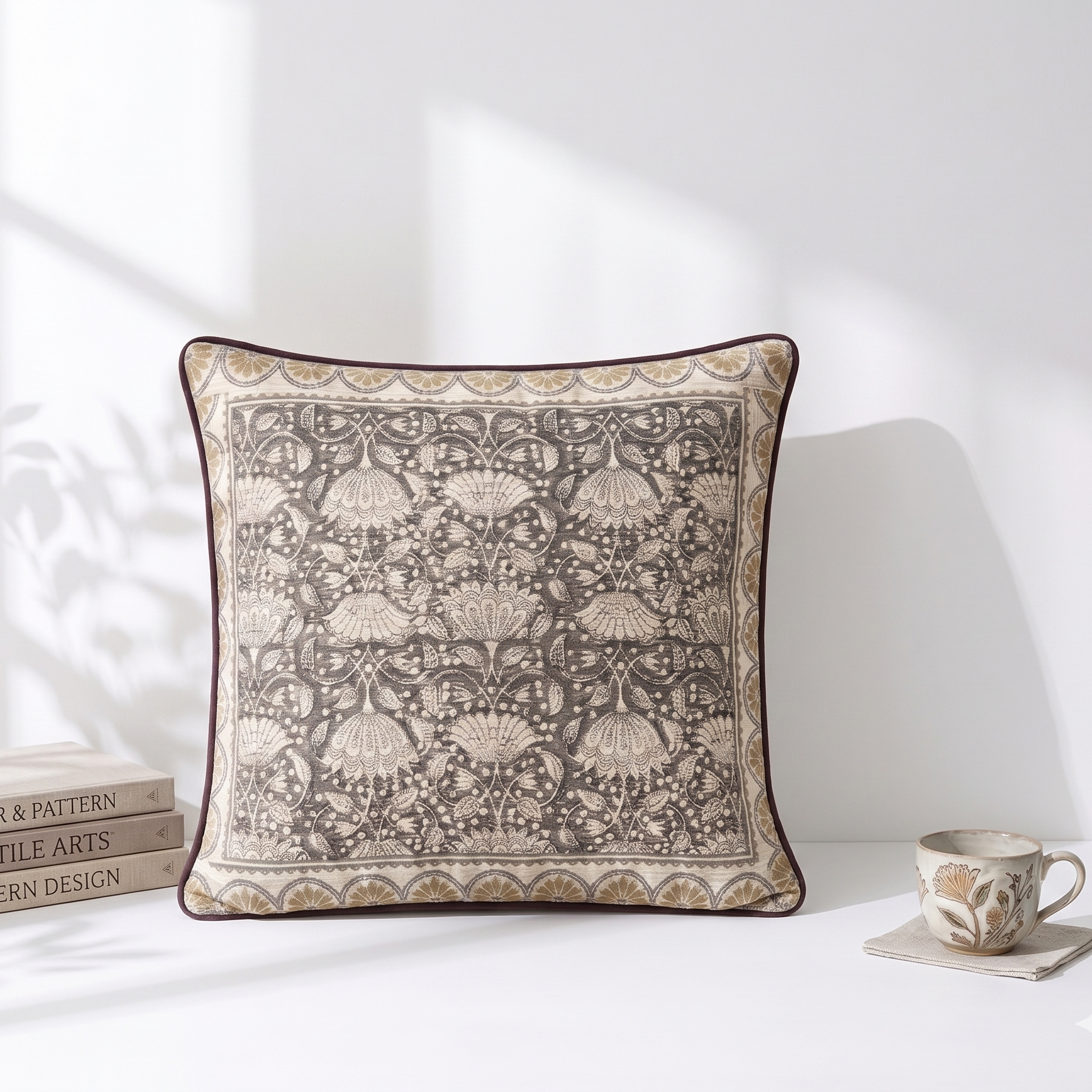 Onyx Bloom dark botanical pillow cover on armchair