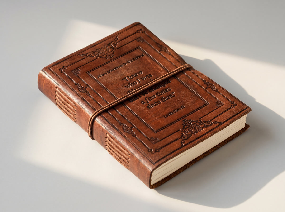 A brown leather-bound book styled as a vintage classic, featuring embossed decorative borders and the title 'The History of My Life' on the cover, wrapped with a matching leather elastic band, set against a light gray background with soft diagonal shadows.
